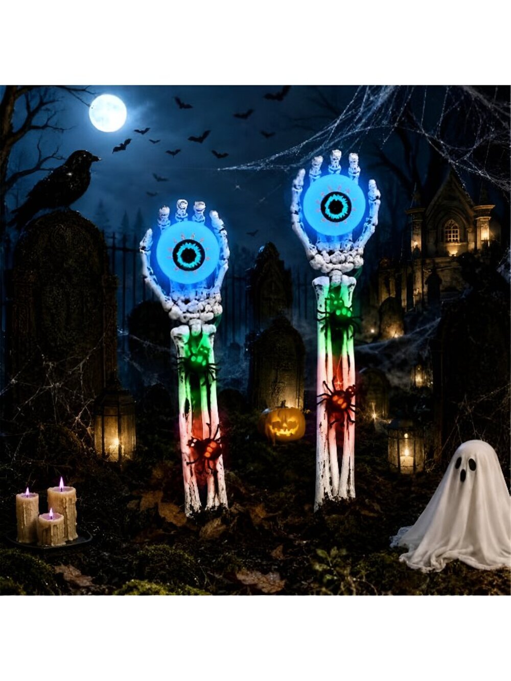 Halloween Decorations Skeleton Arms Hands 2 Packs with Blue Eyeball Lights